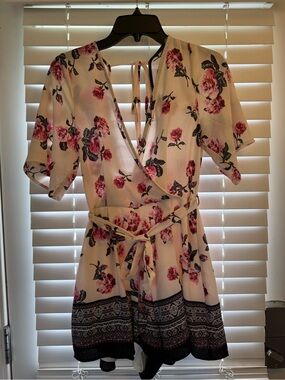 Three Hearts Cream Romper with Pink Rose Print